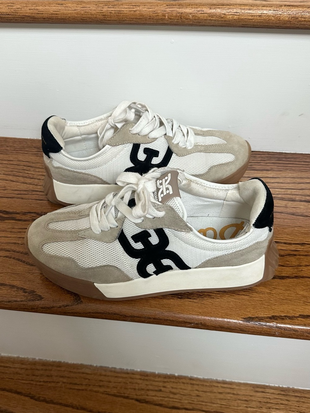 Sam Edelman Langley - White Beige Black Suede & Mesh Platform Sneakers